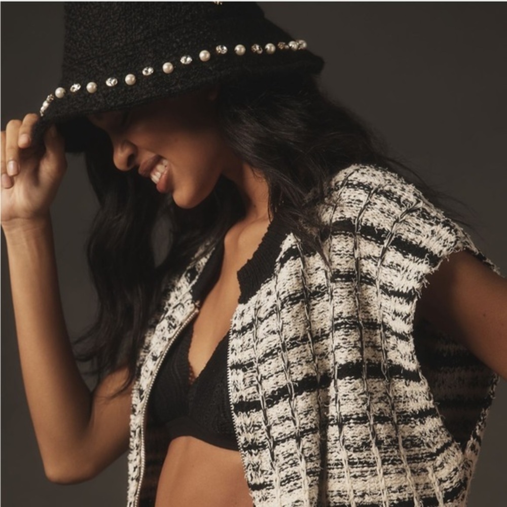 Lele Sadoughi Embellished Bucket Hat, Black with Pearls & Crystals, O/S NWT
